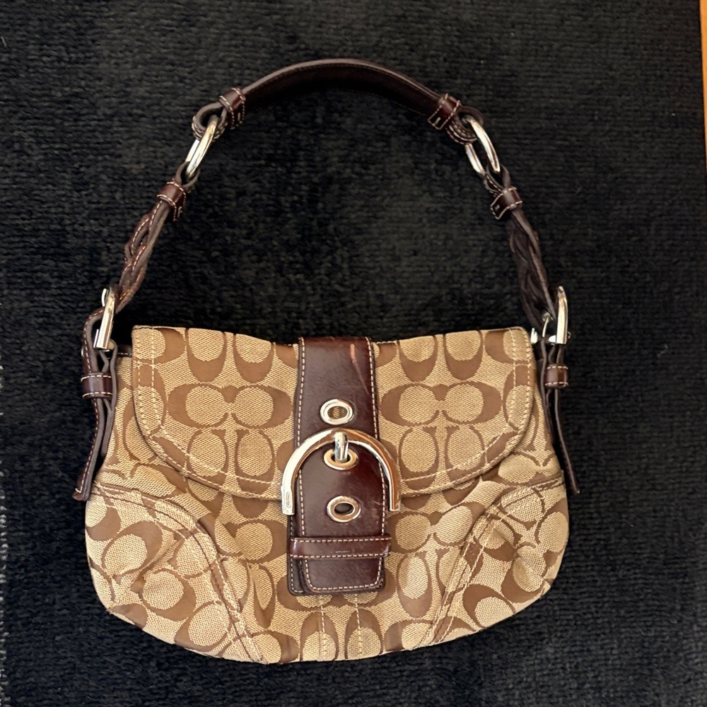 Coach Brown/Tan Signature Canvas Shoulder Bag with Buckle Trim